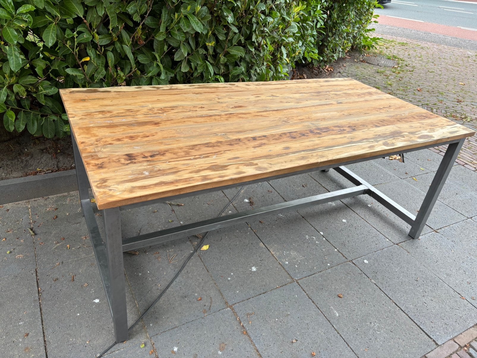 Stoere industriële teak eettafel stalen onderstel 100x200, Huis en Inrichting, Tafels | Eettafels, Ophalen, Teakhout, 200 cm of meer