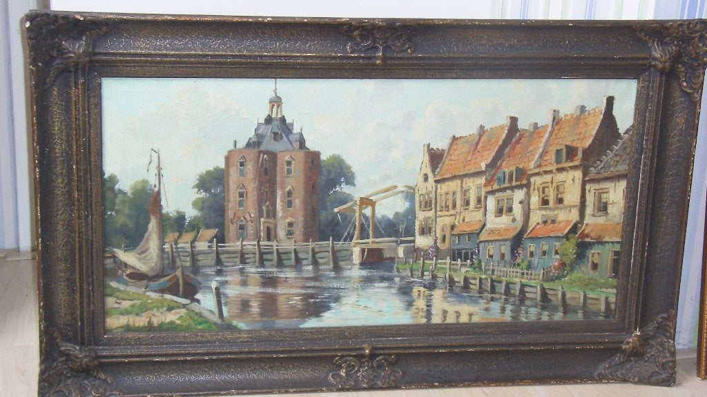 Schilderij Drommedaris in Enkhuizen, Antiek en Kunst, Ophalen, Doek, Olieverf, Klassiek