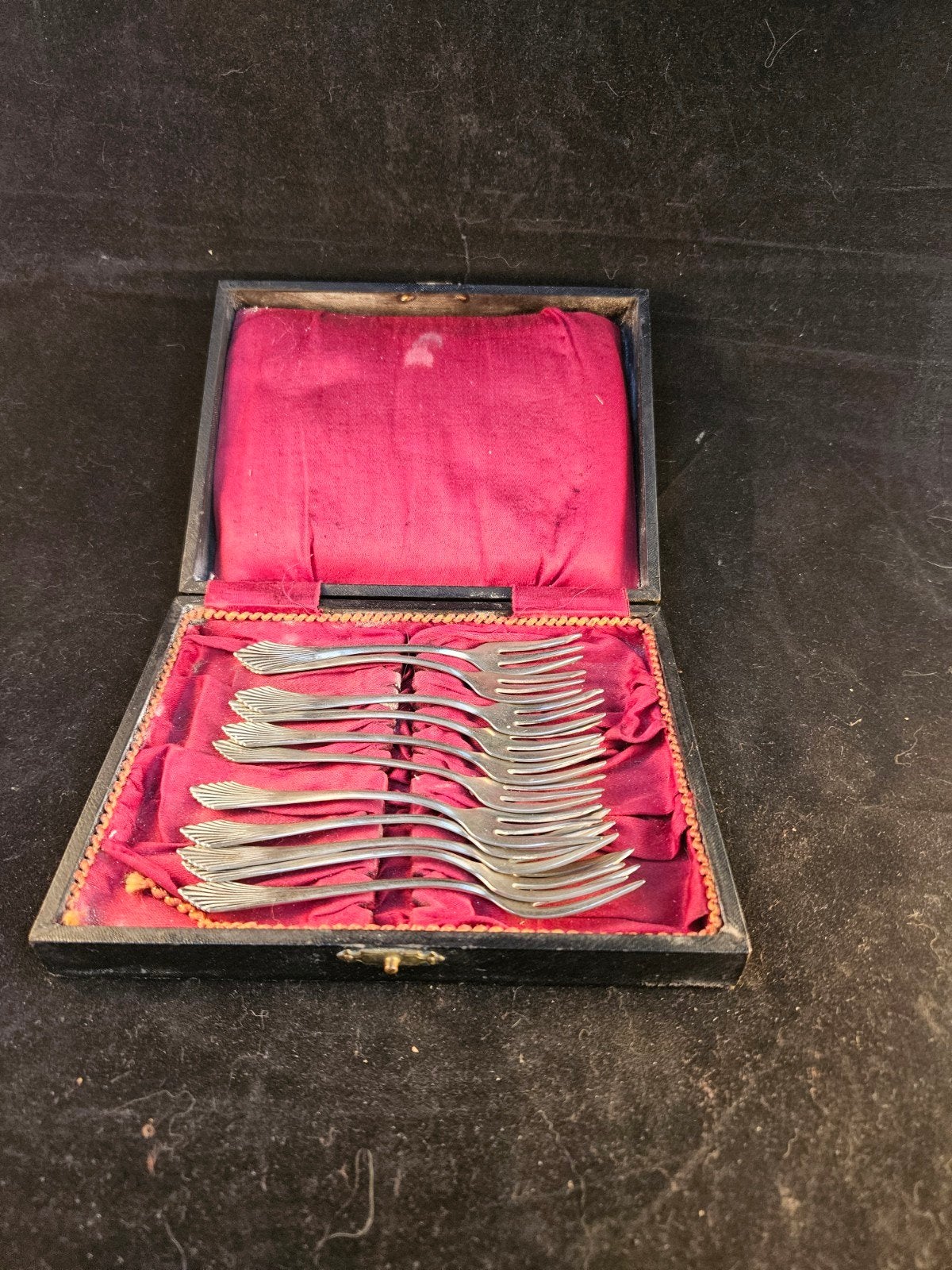 Antieke Alpacca Gebaksvorkjes Set (11 stuks) in Cassette, Antiek en Kunst, Ophalen of Verzenden