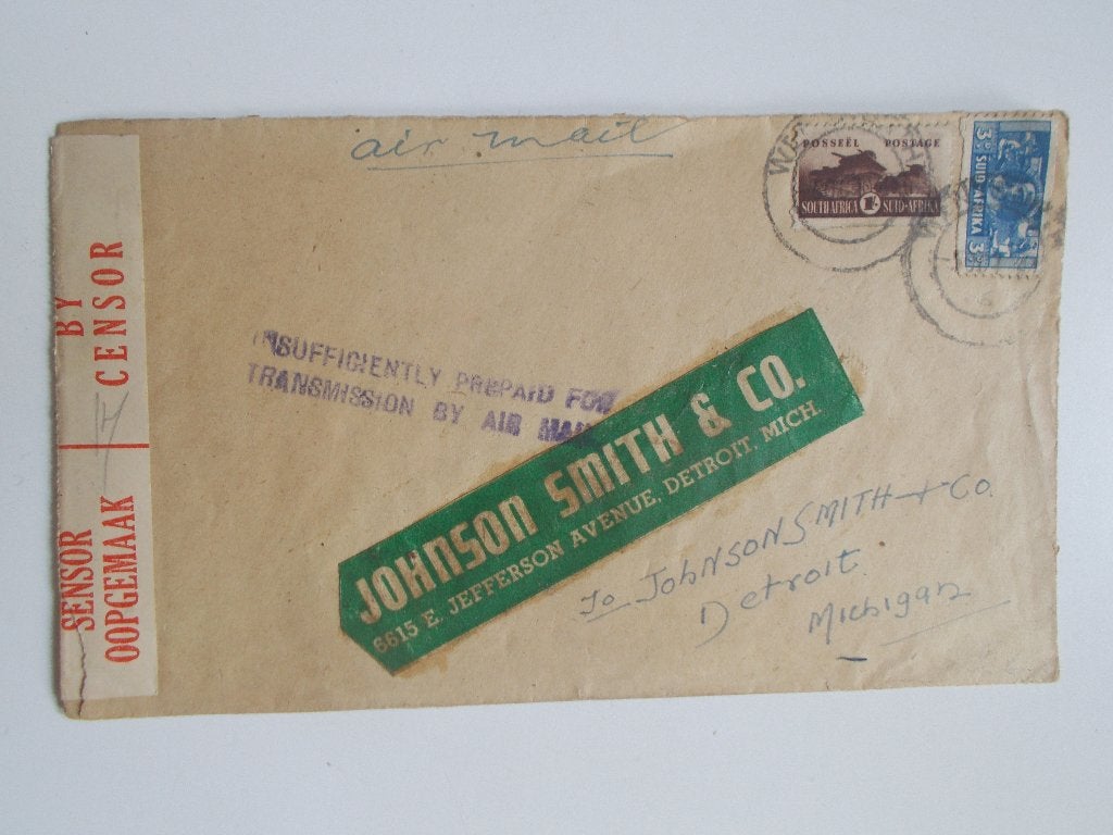 Zuid Afrika, Censuurenvelop Naar Detroit USA 1944., Ophalen, Envelop