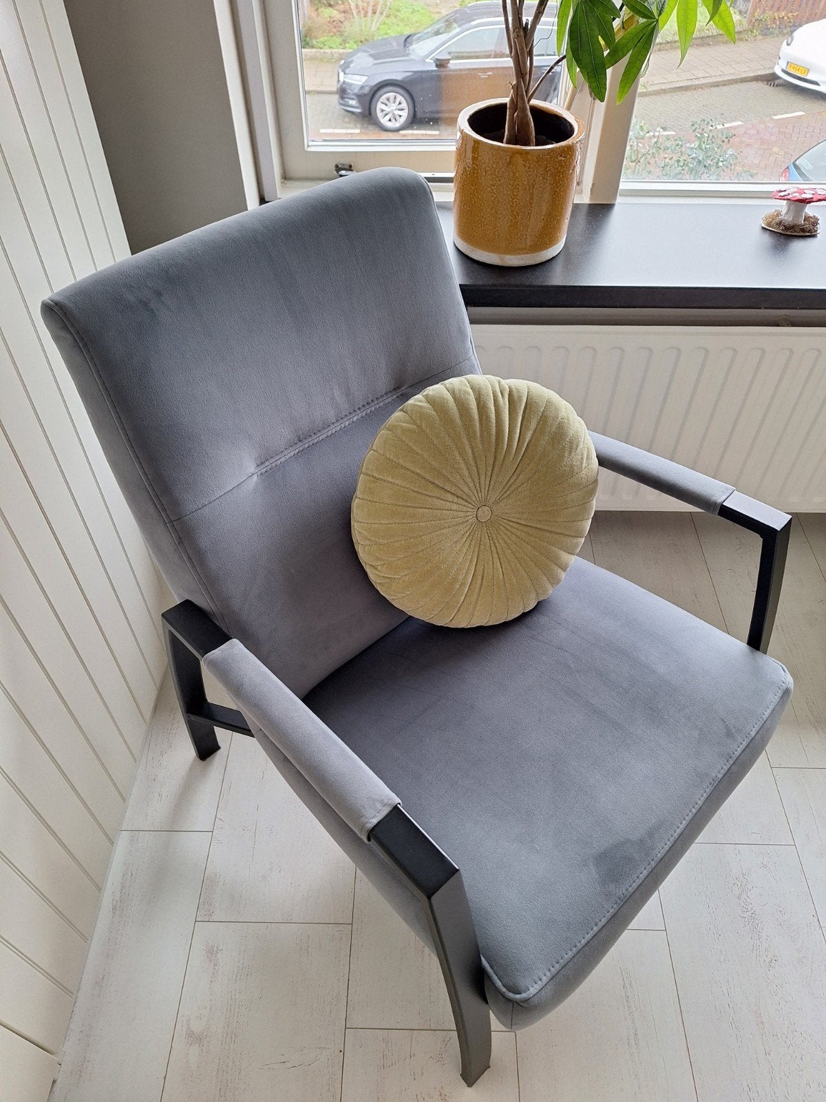 Fauteuil grijs/blauw, Ophalen, Minder dan 75 cm, Zo goed als nieuw, Stof