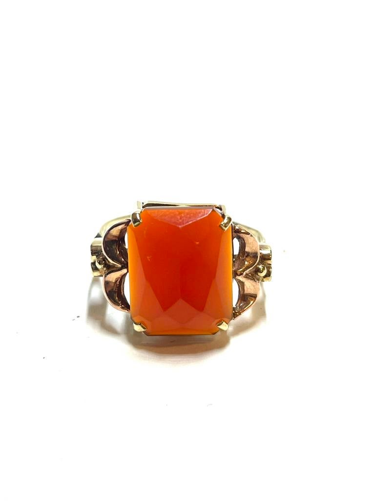 14k geel en roségouden ring met een carneeol, -, Ophalen of Verzenden, Zo goed als nieuw, Dame