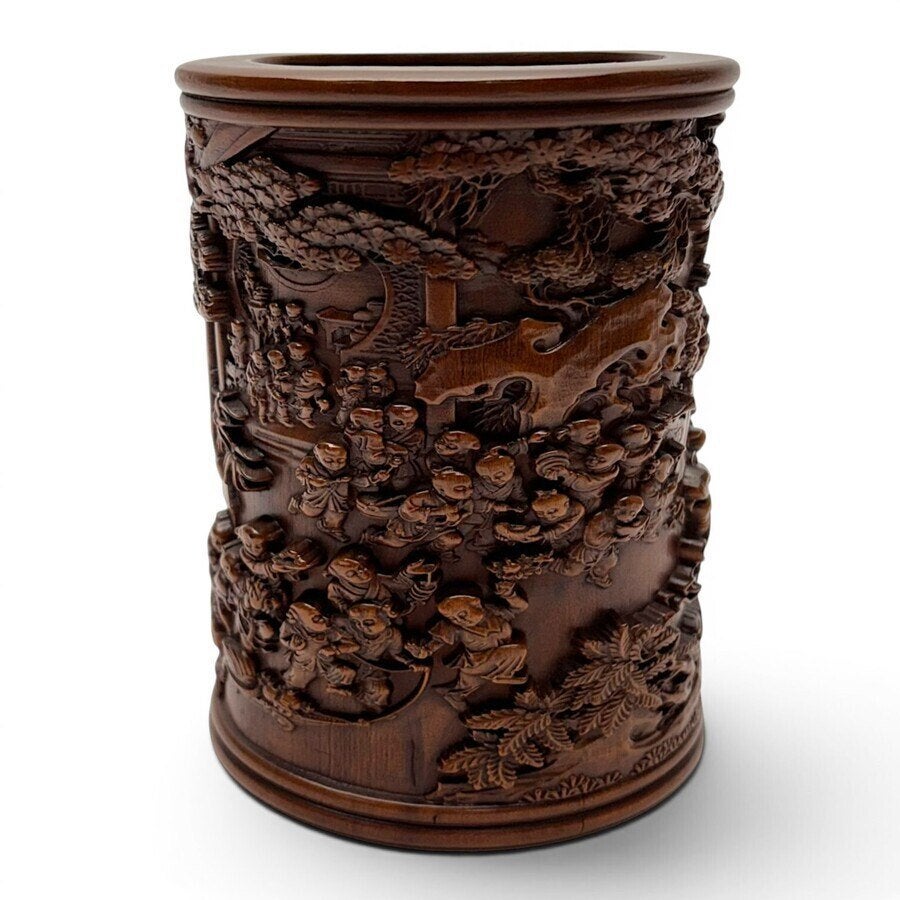 Houten Chinese penseelpot, rijk gestoken, Antiek en Kunst, Ophalen of Verzenden