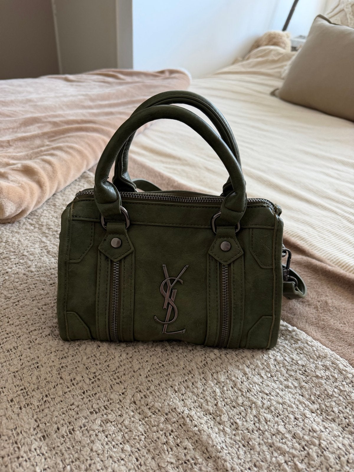 Legergroene handtas met YSL-logo, Ophalen of Verzenden, Gebruikt, Groen, Handtas