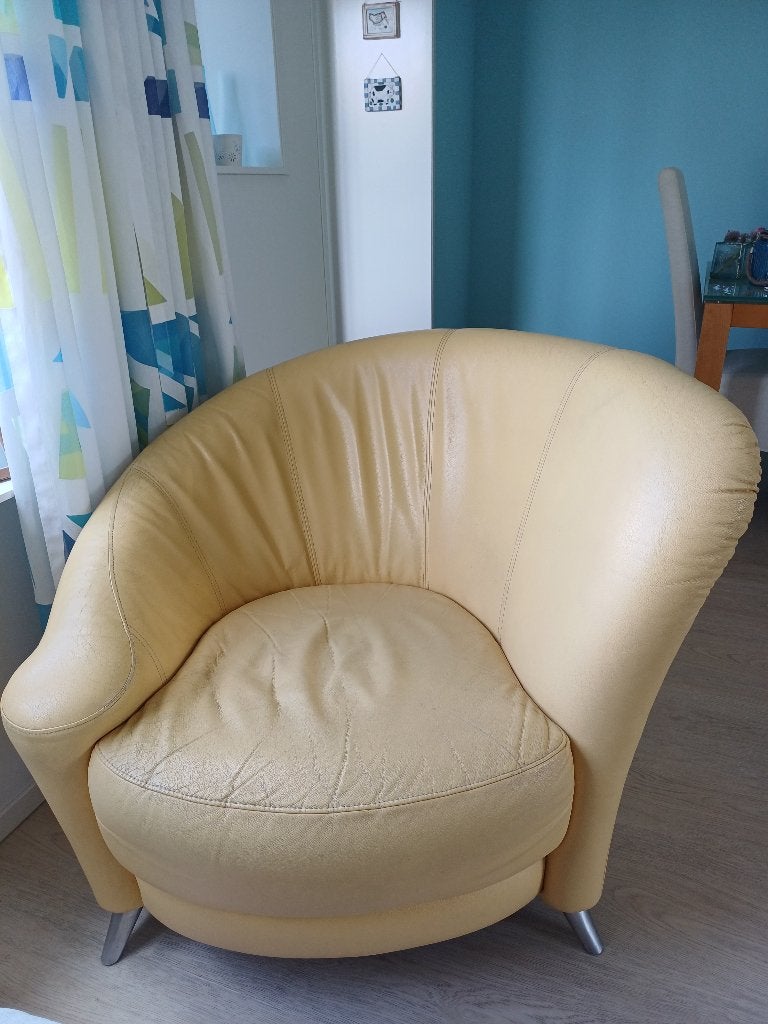 Lederen design fauteuil geel, Huis en Inrichting, Fauteuils, Ophalen, Gebruikt, 75 tot 100 cm, Leer
