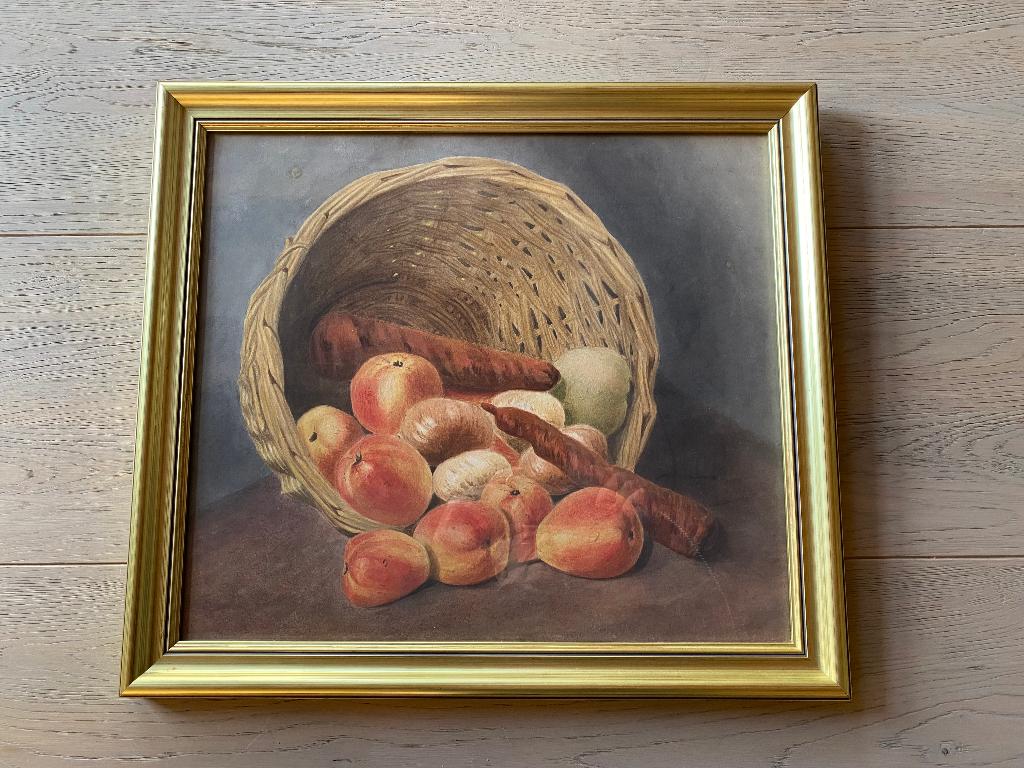 Aquarel "Oogst-Stilleven" in luxe lijst – Galerie Van Gogh, Ophalen, Zo goed als nieuw, 50 tot 75 cm, Schilderij