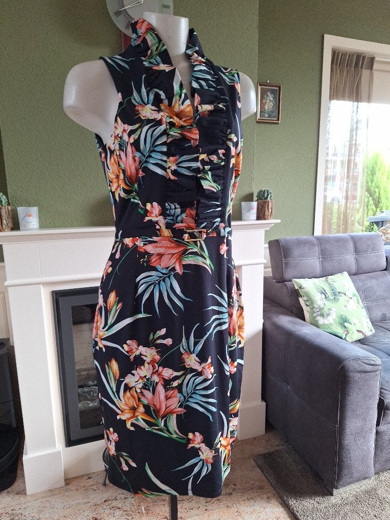K-Design ruches kraag jurkje M diep blauw bijna zwart, Kleding | Dames, Maat 38/40 (M), K-design, Zo goed als nieuw, Knielengte