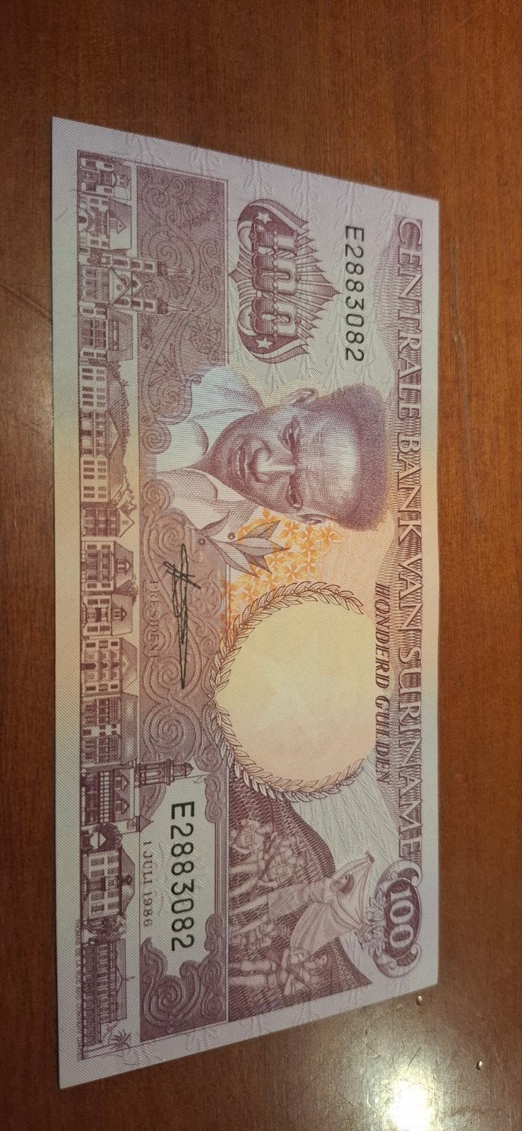 Surinaams 100 Gulden biljet unc uit 1986, Postzegels en Munten, Ophalen of Verzenden, Zuid-Amerika, Los biljet