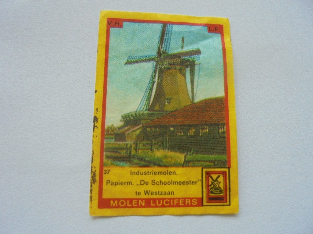 Oud luciferetiket Industriemolen De Schoolmeester WESTZAAN, Ophalen of Verzenden, Zo goed als nieuw, Luciferdoosjes of -merken