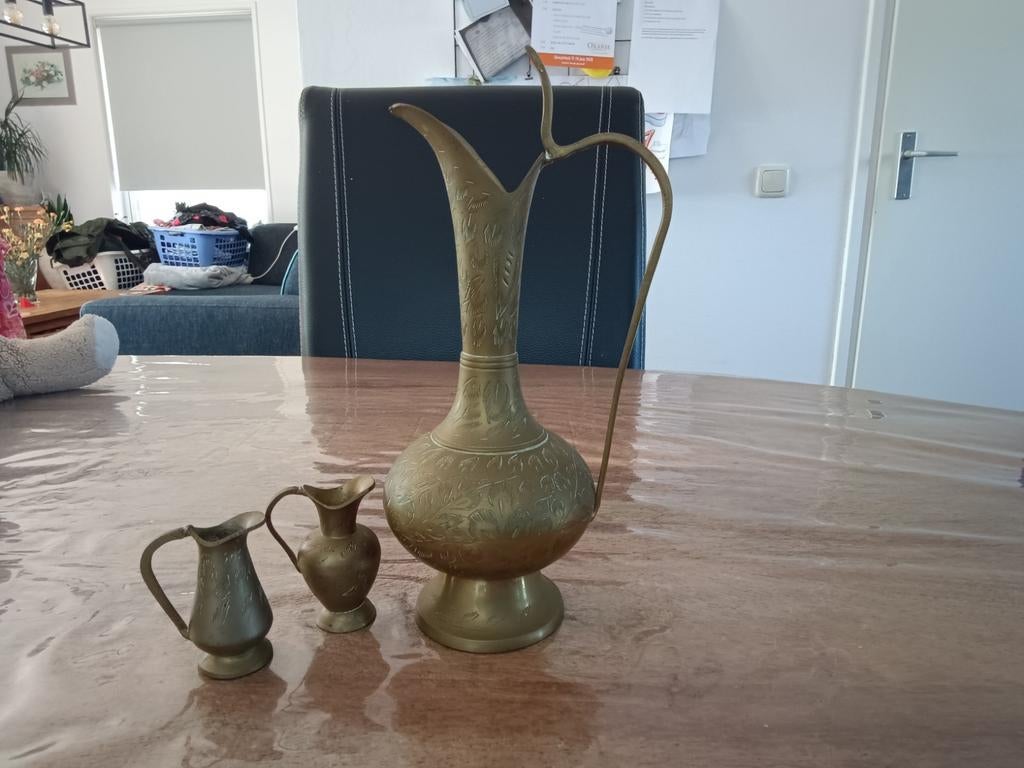 Set van 3 messing vazen/kannen, handgegraveerd, uit India, Ophalen of Verzenden