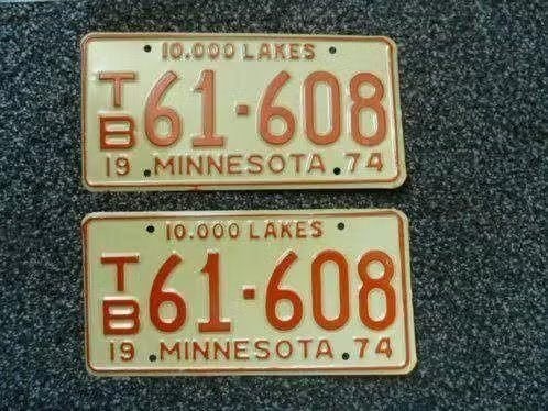 Paar USA License plate / kentekenplaten Minnesota 1974 USA, Verzenden, Gebruikt, Auto's