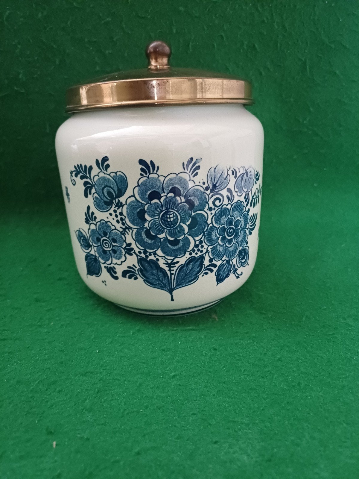 Vintage Blikfabriek Delft Blauw Tabakspot met Koperen Deksel, Antiek en Kunst, Ophalen of Verzenden