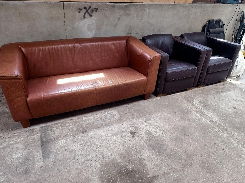 Leren bank + 2 leren fauteuils, Huis en Inrichting, Fauteuils, Ophalen, Gebruikt, 75 tot 100 cm, Leer