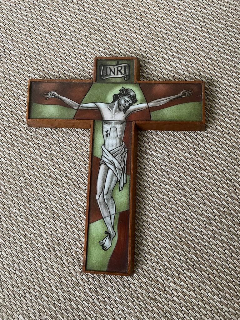 Gebrandschilderd opaline kruisbeeld, Antiek en Kunst, Antiek | Religie, Ophalen of Verzenden