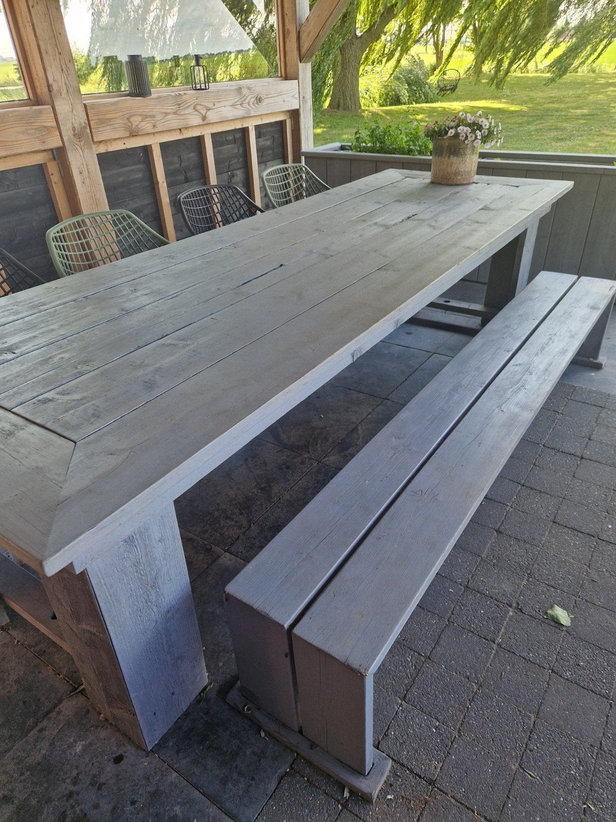 Grote eettafel met bankje van steigerhout, Ophalen, Gebruikt, Rechthoekig, Hout