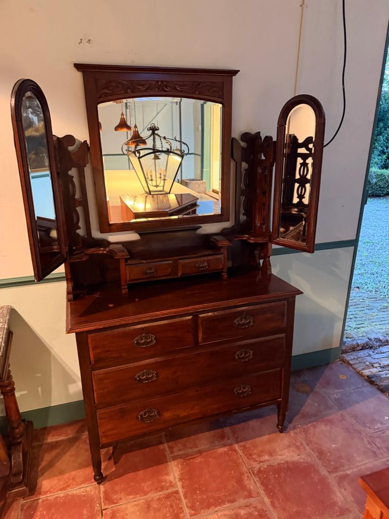 Vintage houten kaptafel met drieluik spiegel - origineel, Antiek en Kunst, Ophalen