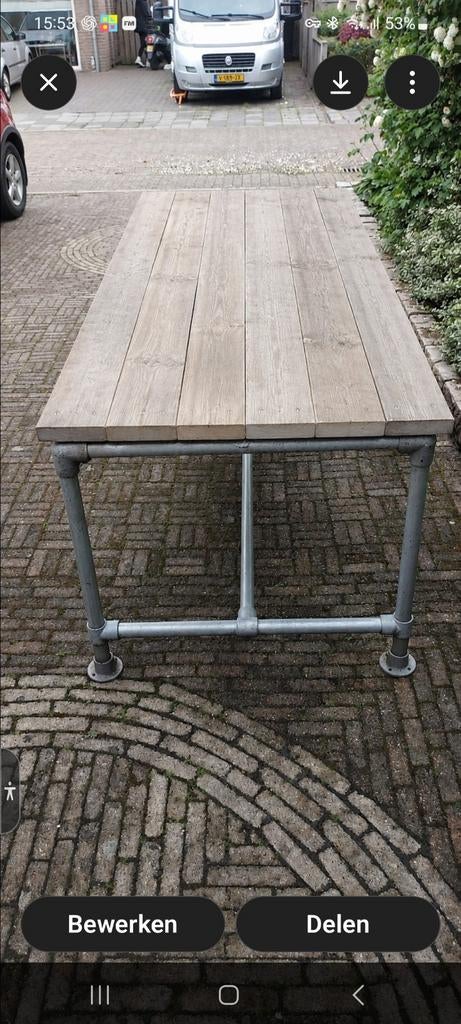 Stevige picknicktafel met twee bankjes, Tuin en Terras, Picknicktafels, Ophalen of Verzenden, Gebruikt, Rechthoekig, Hout