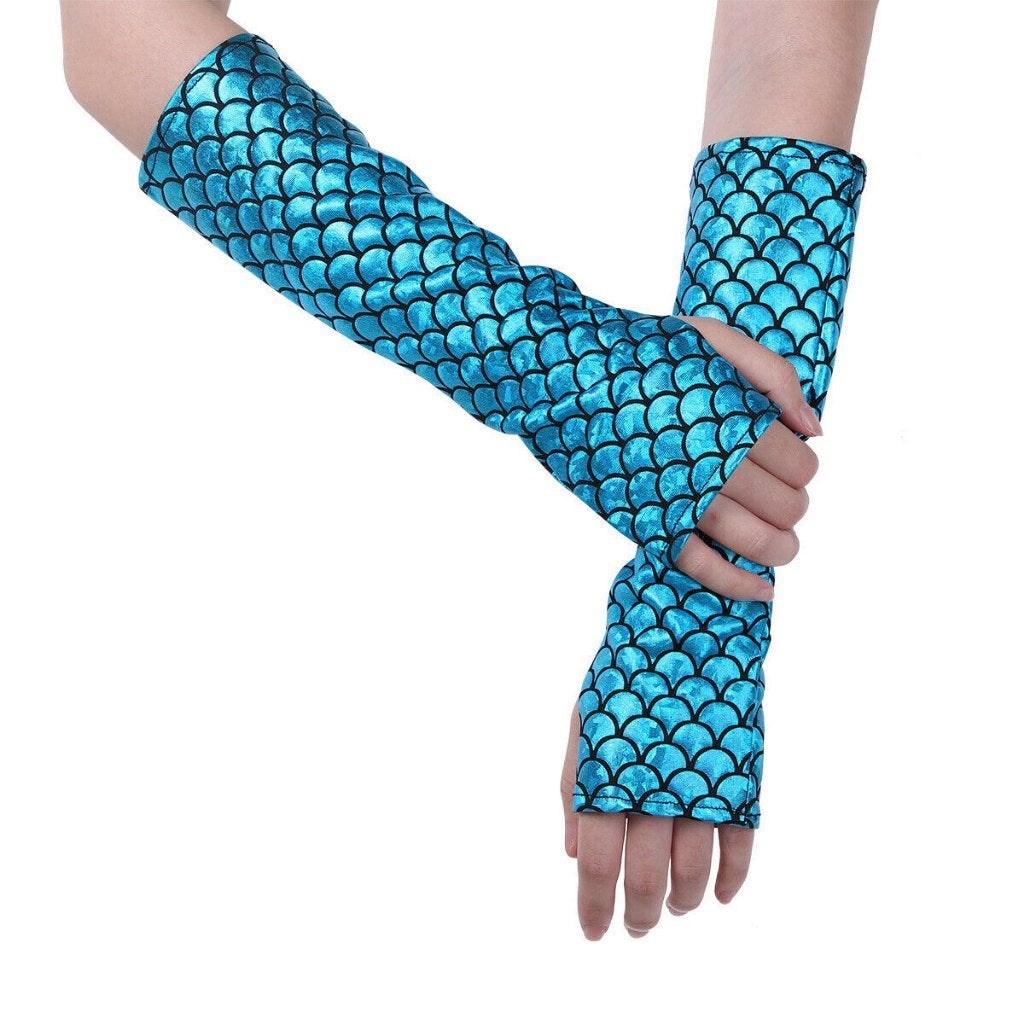 Blauwe metallic schubben handschoenen / open vingers, Verzenden, Nieuw, Maat 38/40 (M), Handschoenen