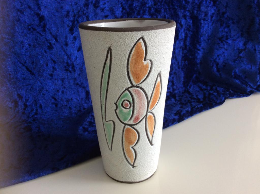 Vintage Boonstra keramiek vaas,maanvis decor 16 cm hoog,retr, Ophalen of Verzenden
