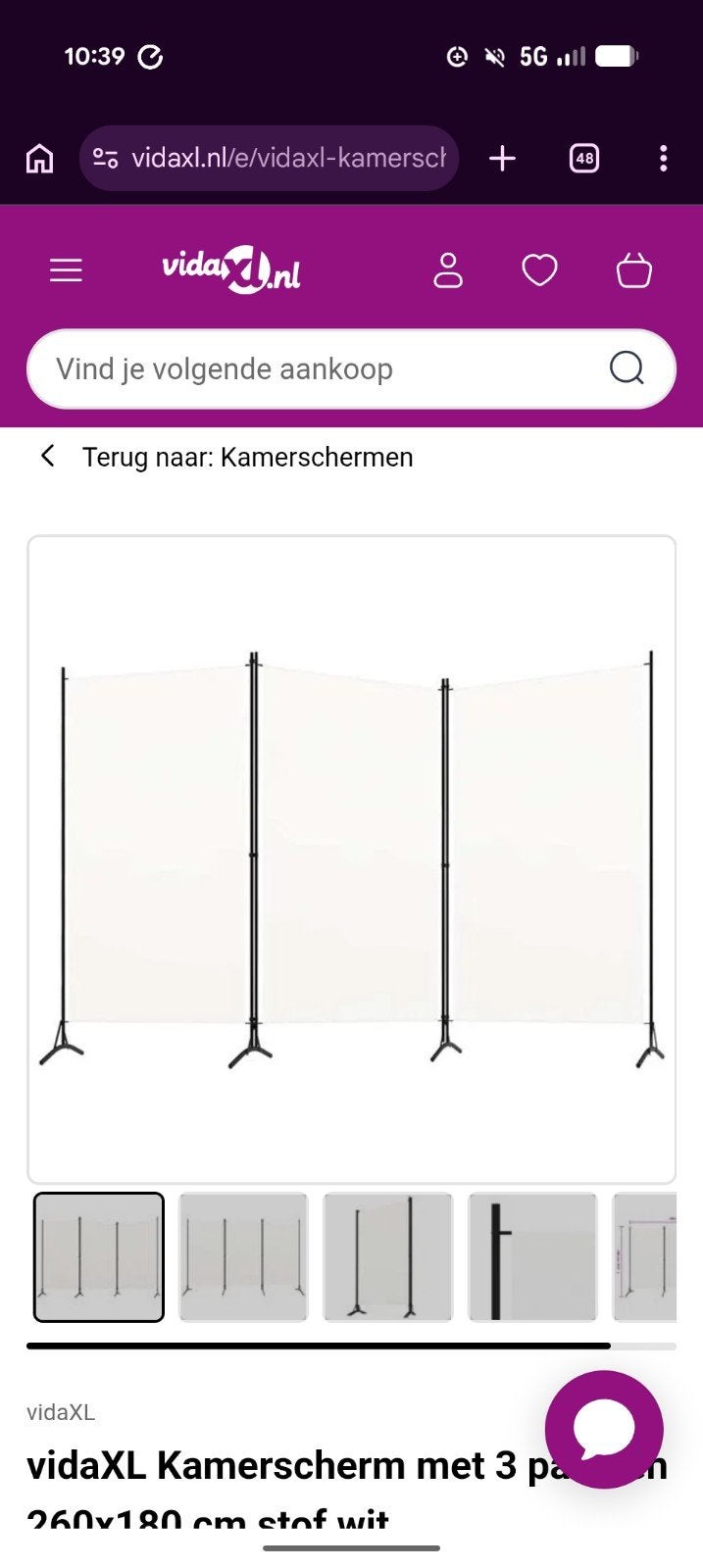 vidaXL Kamerscherm met 3 panelen, wit, Ophalen, Nieuw