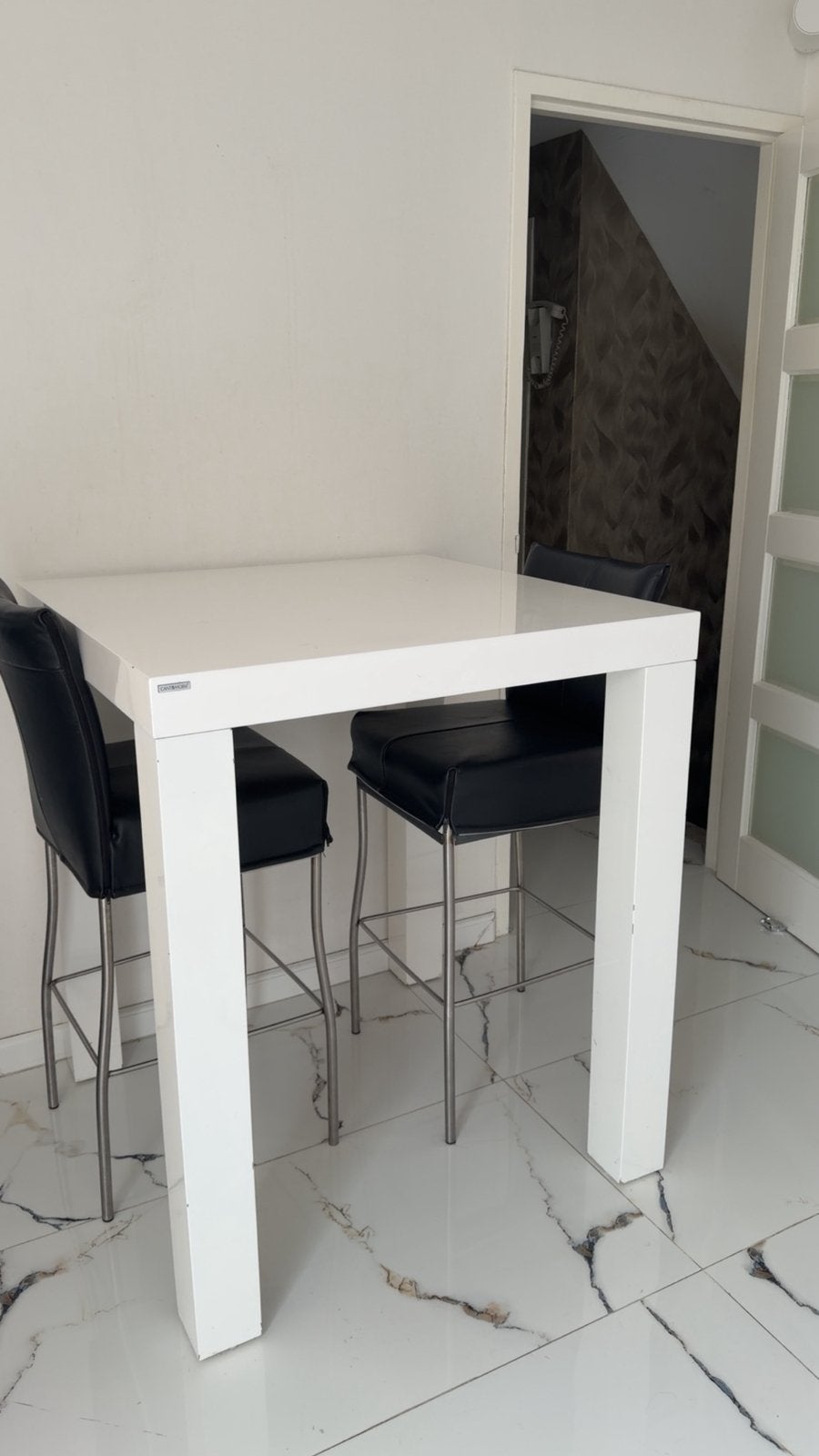 Canto Mobili witte hoge eettafel + 2 hoge stoelen 90x90x100, Ophalen, Gebruikt, 50 tot 100 cm, Vierkant