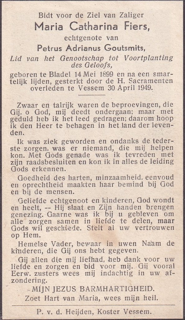 Fiers Maria 1899 Bladel  1949 Vessem, Ophalen of Verzenden, Bidprentje