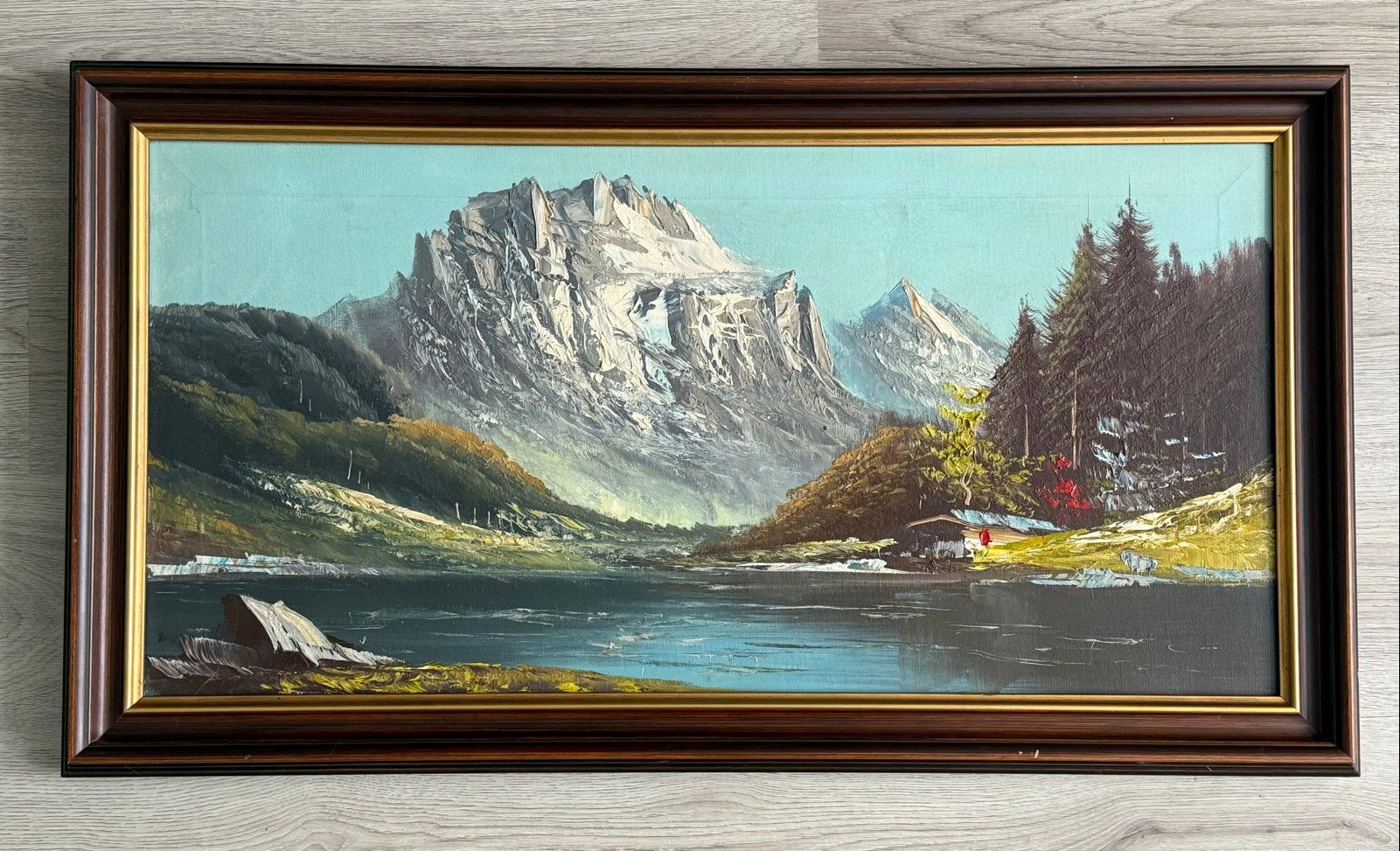 Schilderij berglandschap met meer en huisje, Ophalen, Doek, Realistisch, Landschap