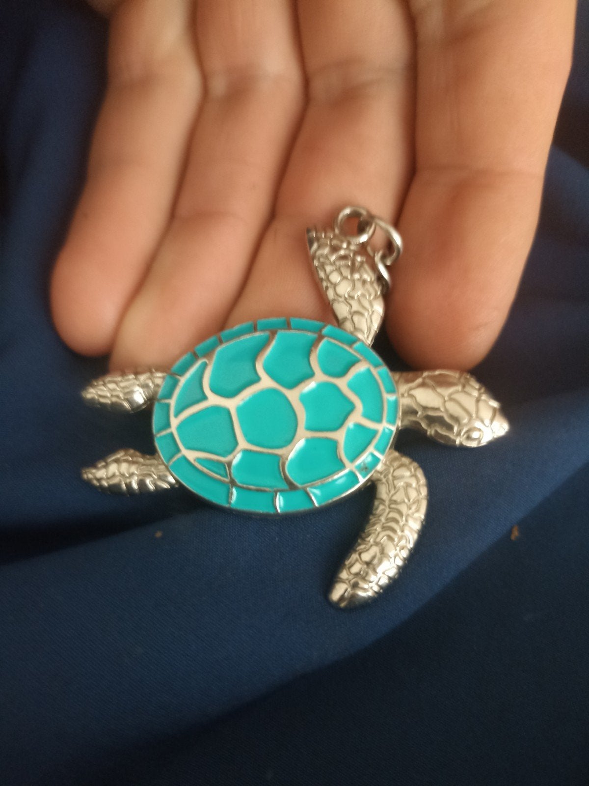 Schildpad sleutelhanger met blauw emaille, Gebruikt, Ophalen of Verzenden, Groen, Overige materialen