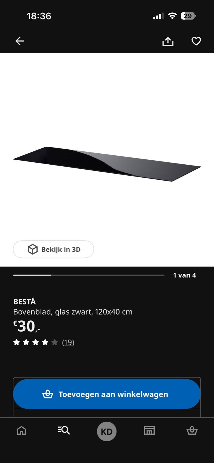 2x IKEA BESTÅ Bovenblad, glas zwart, 120x40 cm, Ophalen, Gebruikt