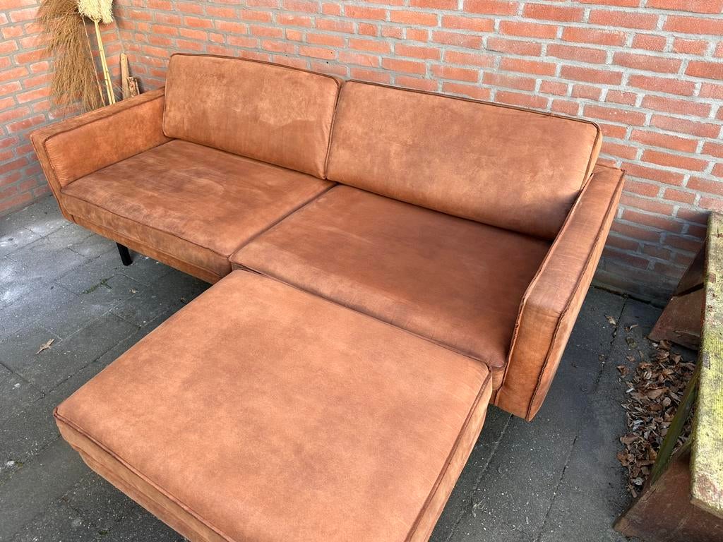 Bank cognac 2.5 zits met poef - 220x95cm, Ophalen, Gebruikt, Tweepersoons, 75 tot 100 cm
