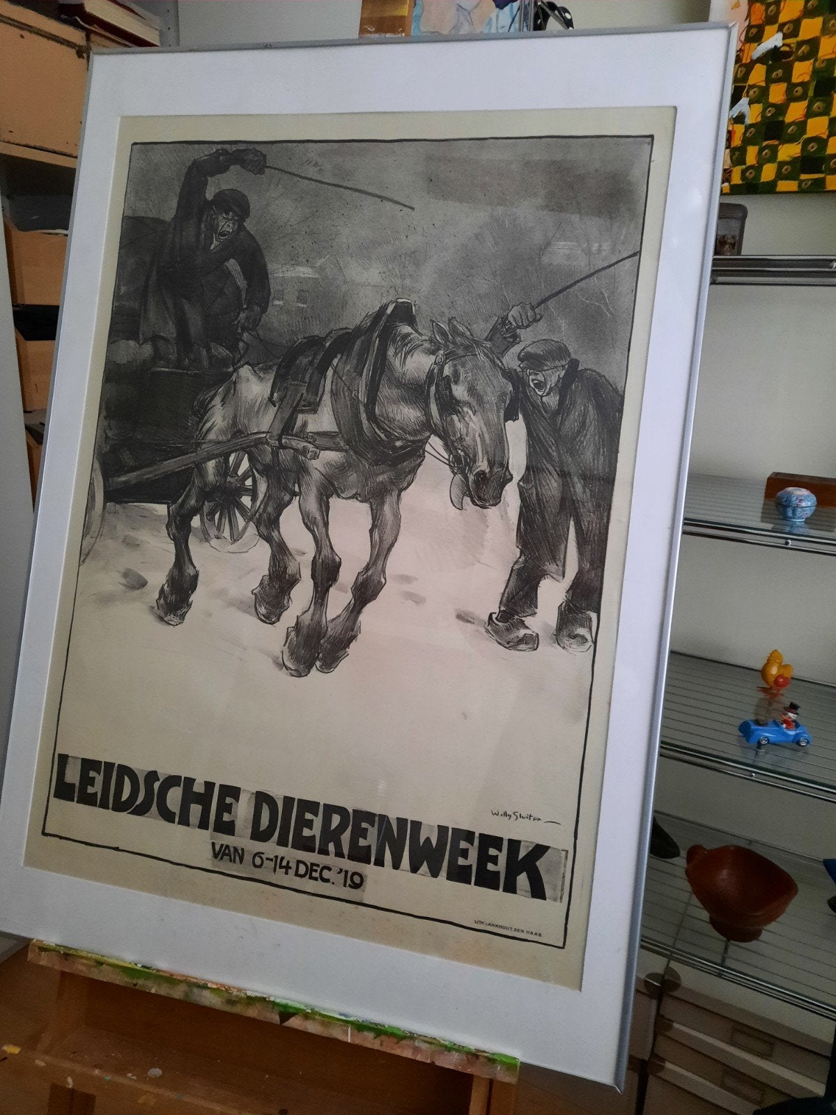 Zeldzame Affiche geen nadruk Leidsche Dierenweek 1919 zond, Met lijst, Ophalen of Verzenden, A1 t/m A3, Dier of Natuur