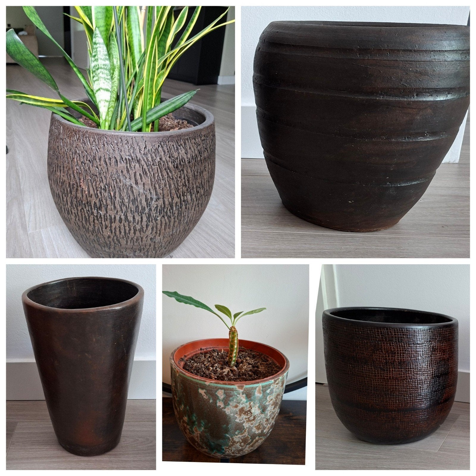 Grote bruine bloempotten, plantpotten, Sansevoeria, Tuin en Terras, Ophalen, Rond, Binnen, Zo goed als nieuw