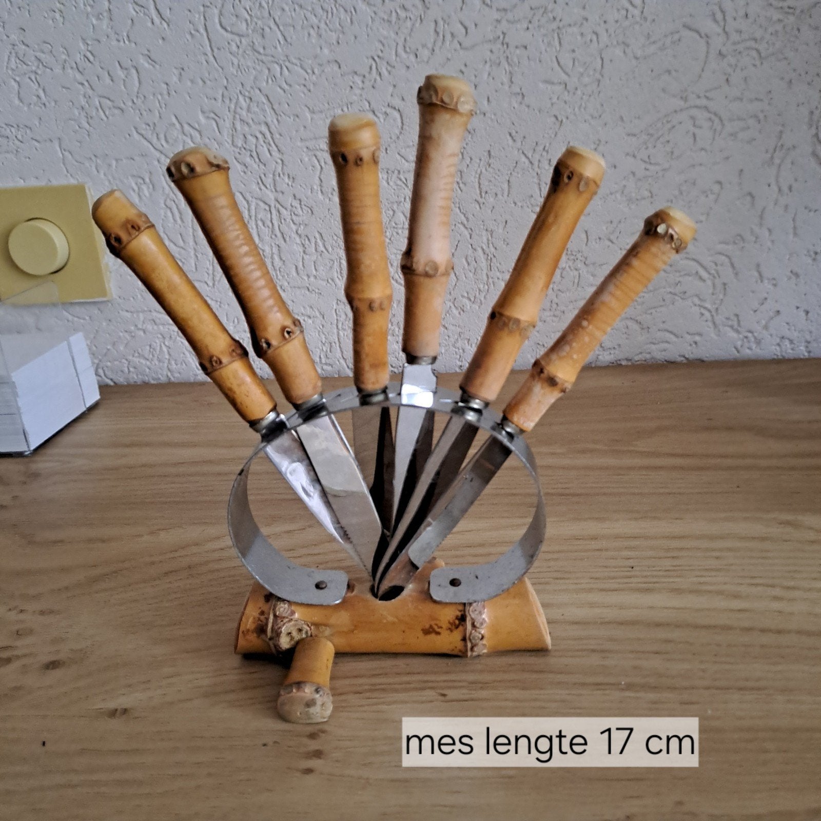 Vintage messen set met bamboe handvatten en houder, Ophalen