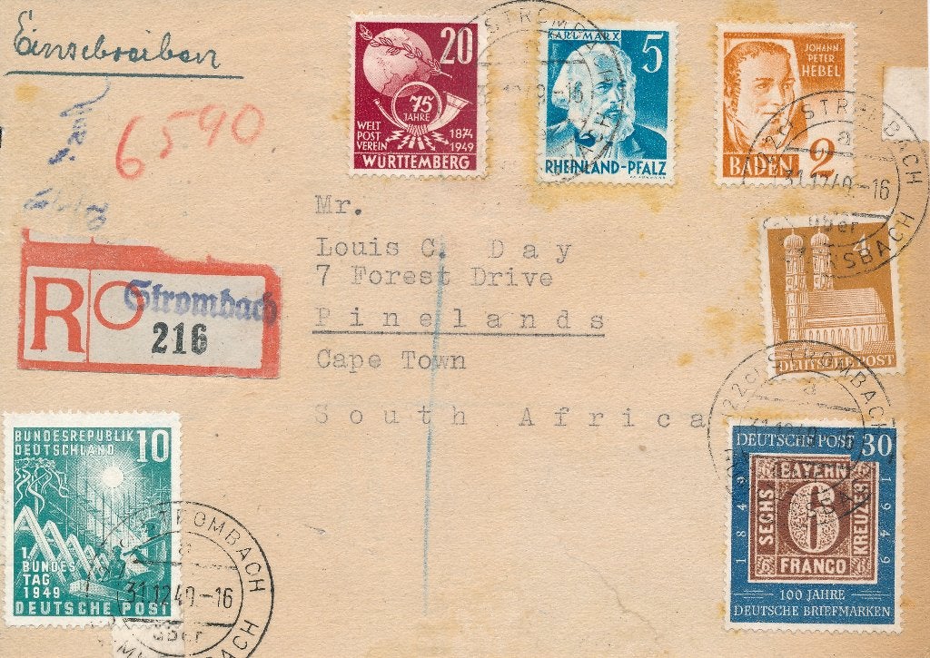 BRD. Halve R-vouwbrief naar Zuid-Afrika 31.12.49 met Zones, Ophalen of Verzenden, BRD, Gestempeld