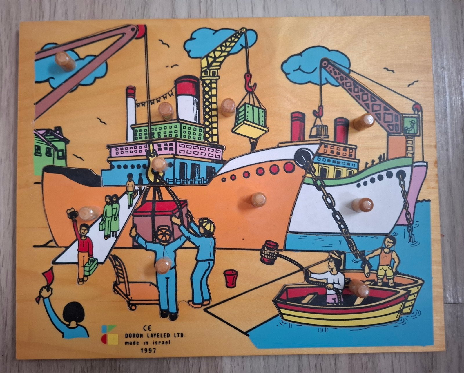 Houten noppenpuzzel haven, 30x24 cm, Ophalen of Verzenden, Minder dan 10 stukjes, Gebruikt, Van hout