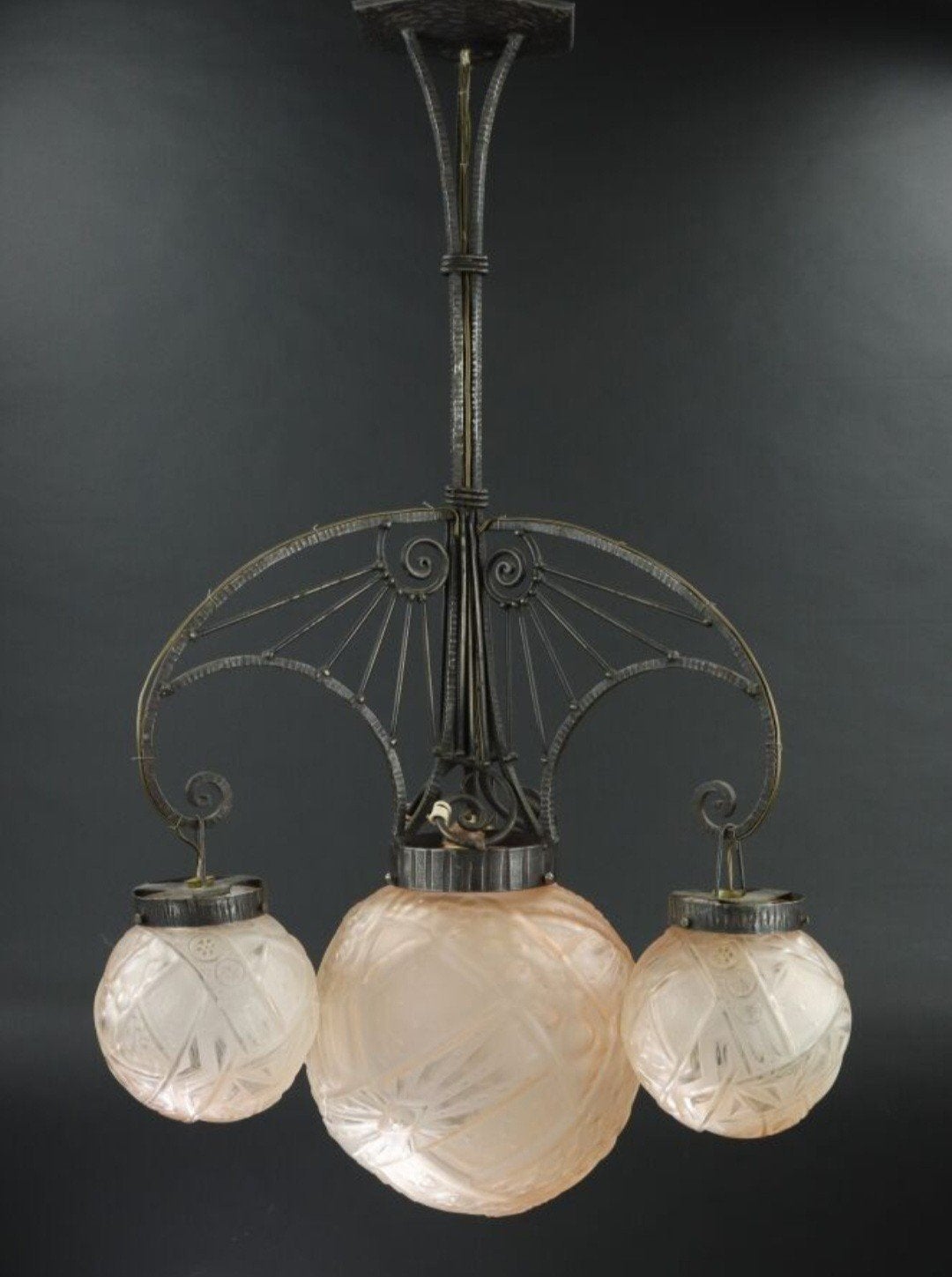 Art Deco kroonluchter, Muller Freres Lunéville., Huis en Inrichting, Lampen | Kroonluchters, Ophalen of Verzenden, Gebruikt, Glas