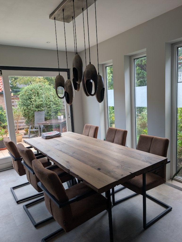 Prachtige designer boomstam eettafel inclusief stoelen+lamp, Ophalen, Industrieel design, Eikenhout, 200 cm of meer