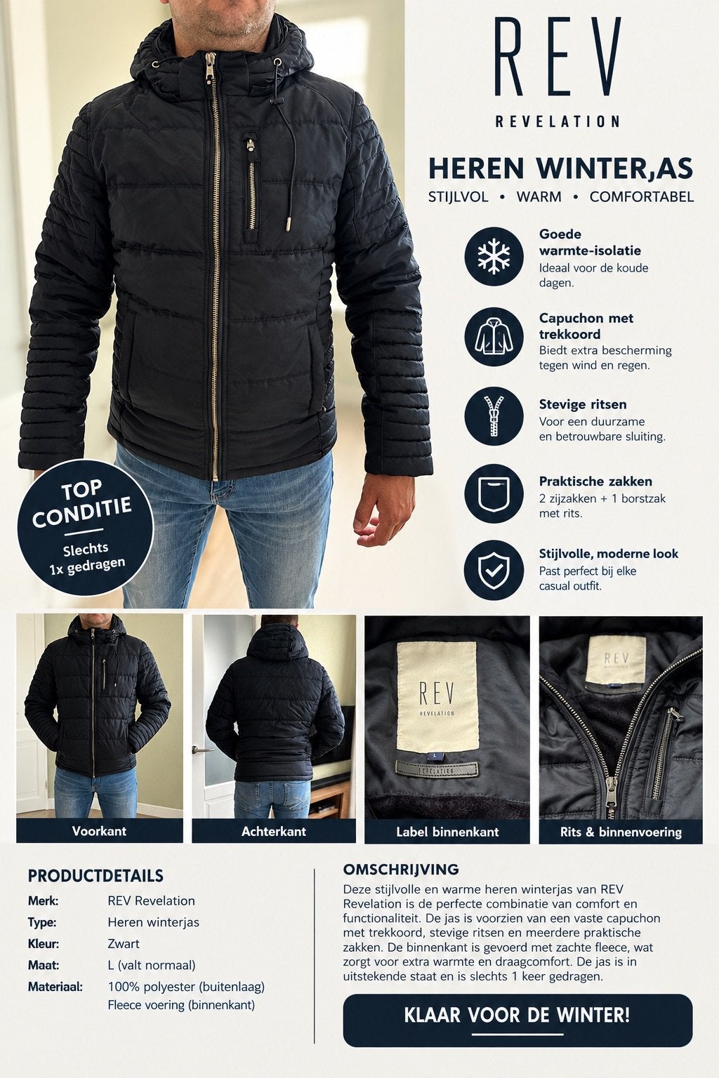 Heren winter jas maat L, Kleding | Heren, Ophalen of Verzenden, Zo goed als nieuw, Maat 52/54 (L), Blauw
