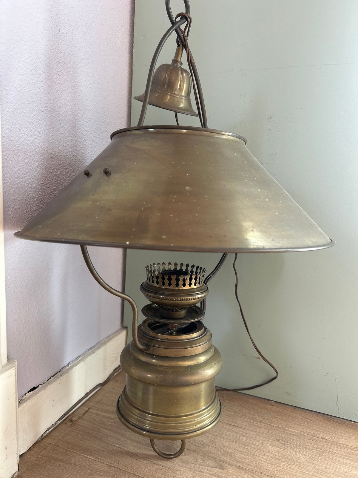 Antieke Messing Hanglamp - Olie- of Petroleumlamp, Ophalen of Verzenden