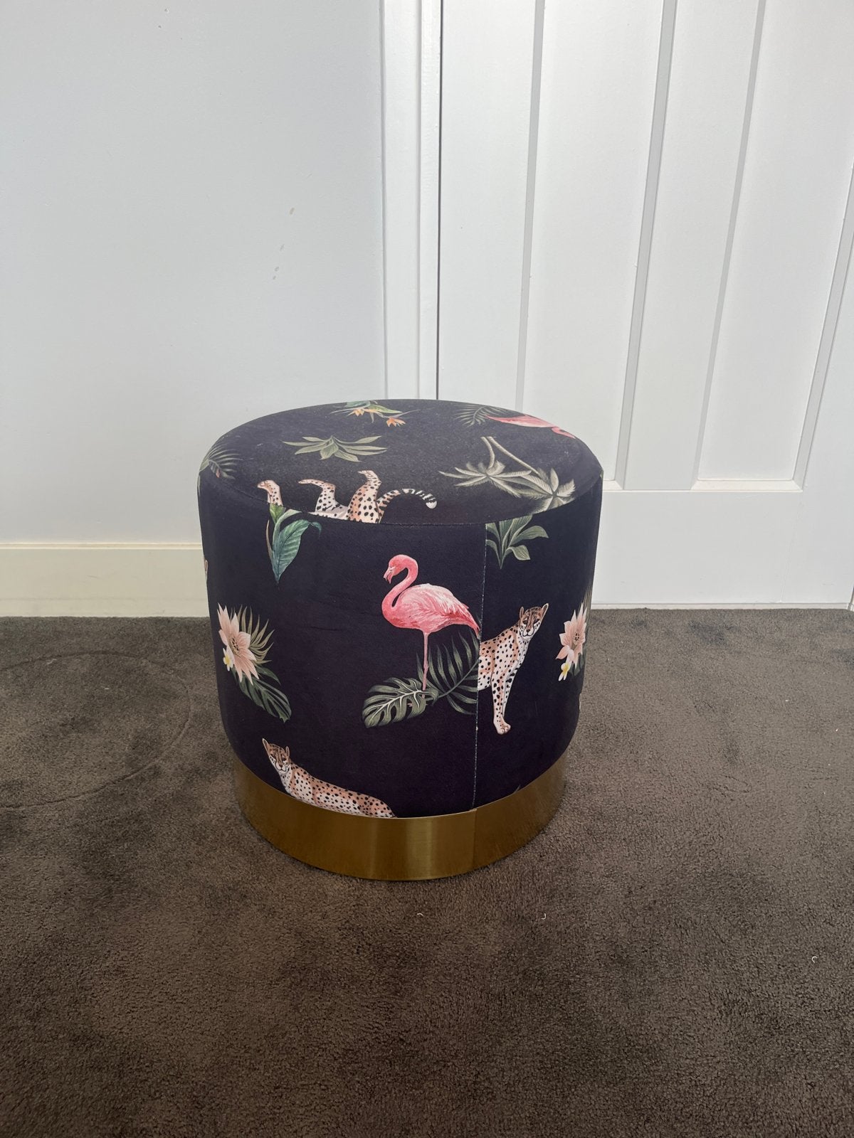 Ronde poef met jungleprint en gouden rand - 38x38cm, Ophalen, Minder dan 50 cm, Gebruikt, Rond
