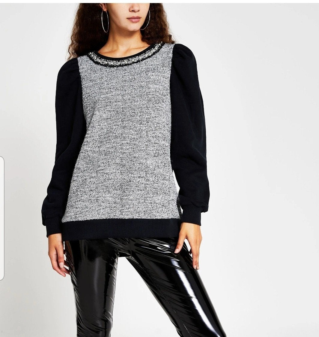 River Island trui zwart/grijs met pofmouwen - Maat XS, Verzenden, Nieuw, Maat 34 (XS) of kleiner, River Island