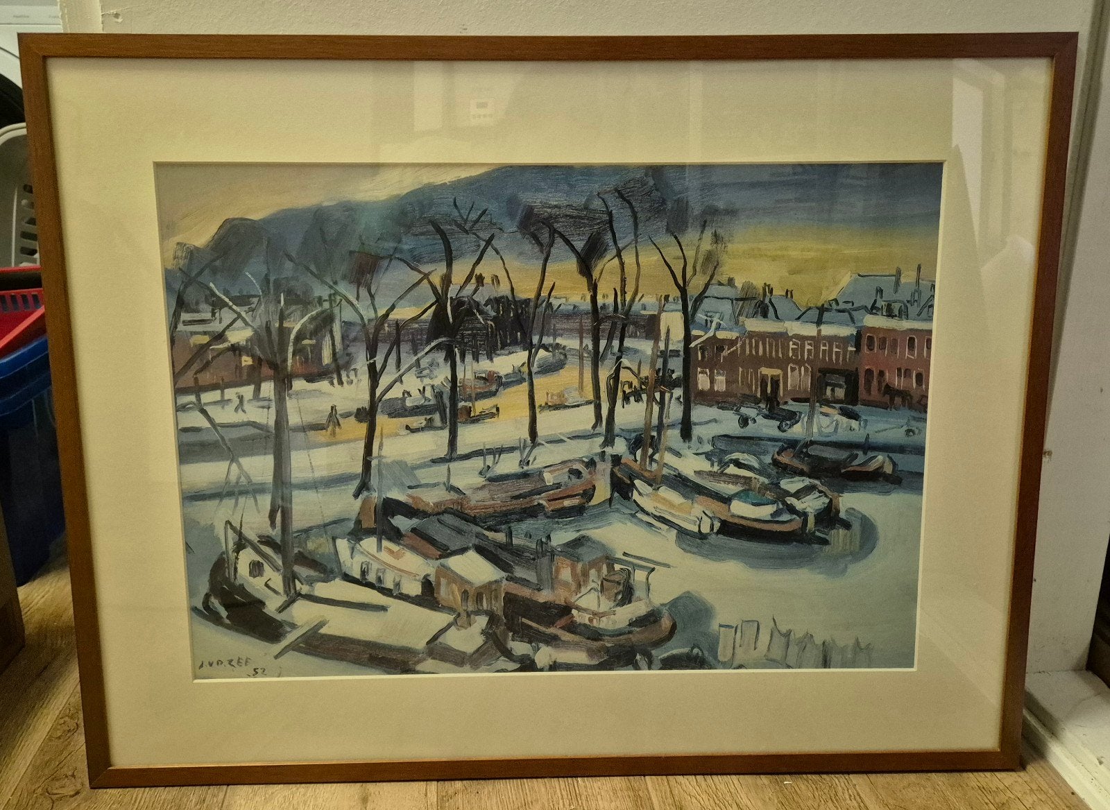 Schilderij Winterlandschap met boten en huizen, Ophalen