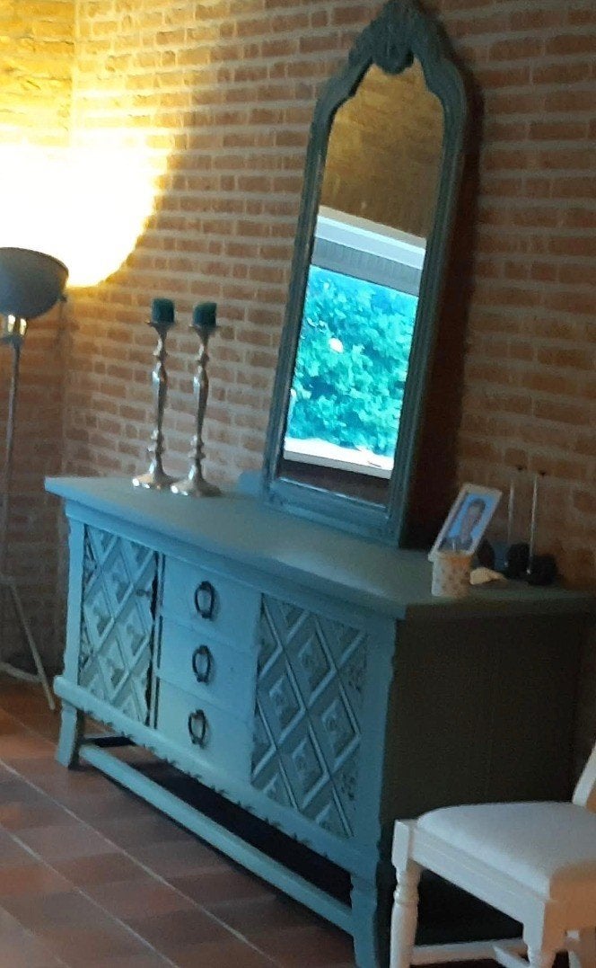 Unieke groen dressoir met spiegel, vintage stijl, Huis en Inrichting, Vintage, landelijk, Gebruikt, Met lade(s), Ophalen of Verzenden