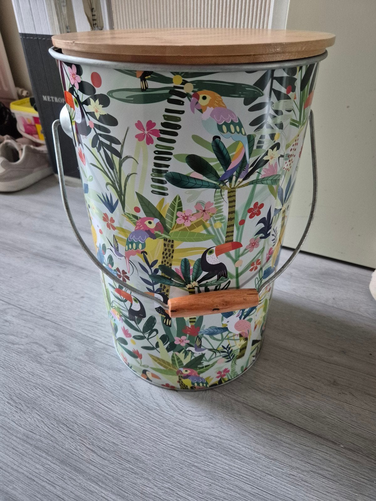 Houten bouwblokken in decoratieve zit/emmer, Ophalen of Verzenden, Gebruikt, Overige merken