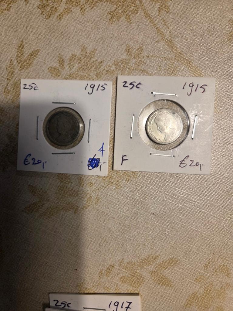 2x 25 cent 1915 Koningin Wilhelmina zilveren munt, Postzegels en Munten, Munten | Nederland, Zilver, 25 cent, Ophalen of Verzenden