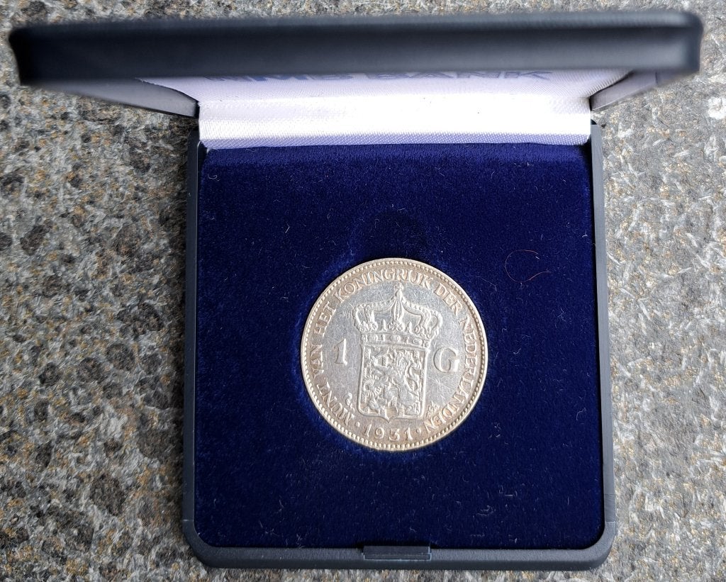 Zilveren gulden 1931 Wilhelmina in cassette, Ophalen of Verzenden, Koningin Wilhelmina, 1 gulden, Zilver