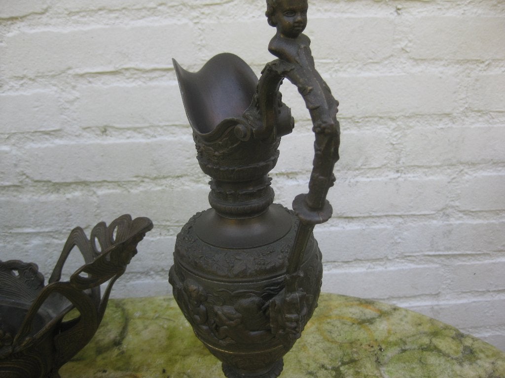 Antieke bronzen vazen en schaal - Art Nouveau stijl, Huis en Inrichting, Gebruikt, Bruin, Ophalen of Verzenden, Metaal