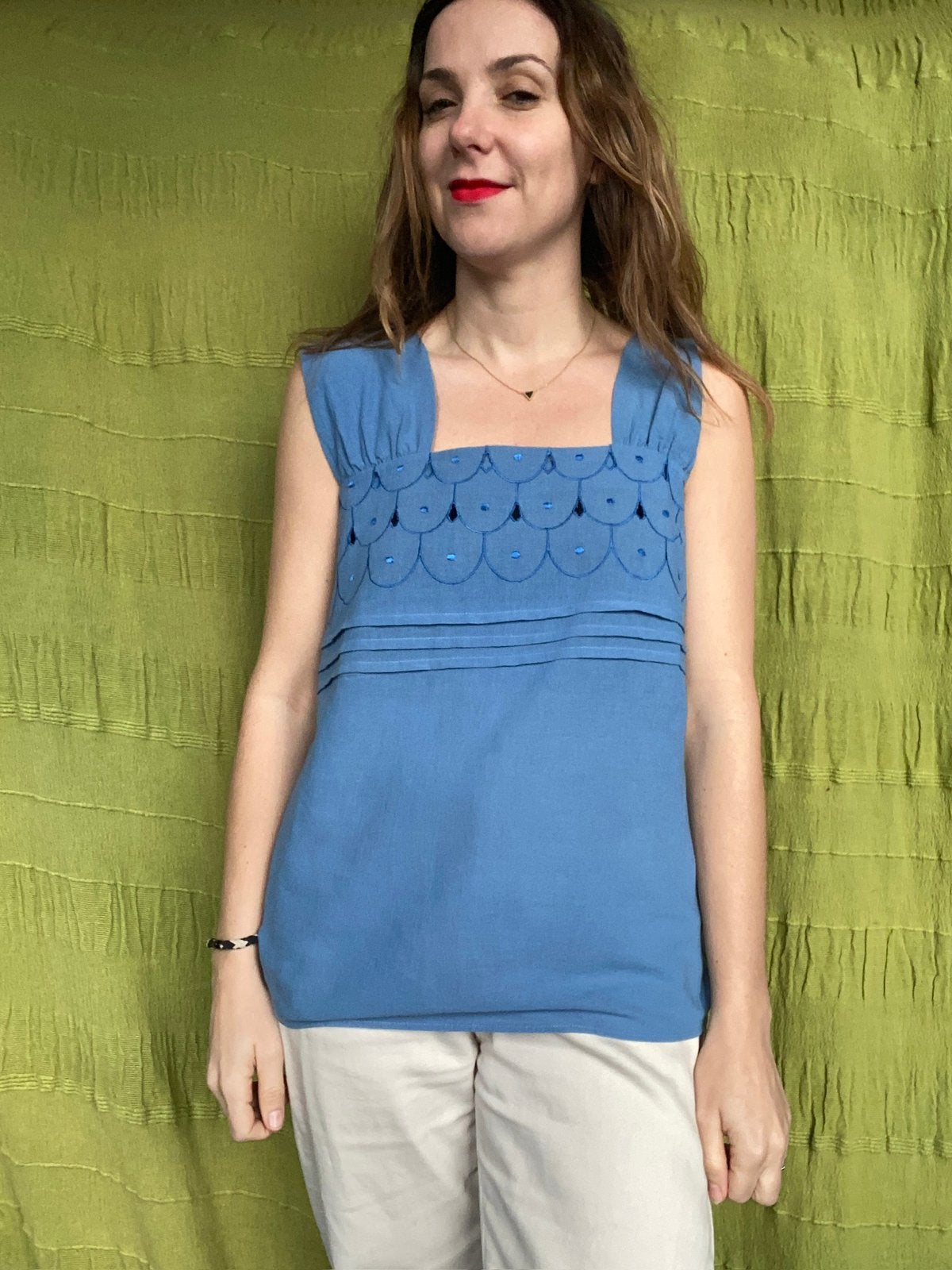 Vintage mouwloze top - blauw - katoen - 42 / XL, Kleding | Dames, Hgv, Blauw, Hgv, Maat 42/44 (L)