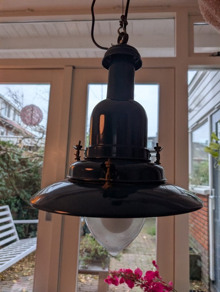 Blauwe retro scheepslamp, Ophalen, Gebruikt, Glas, Nautisch