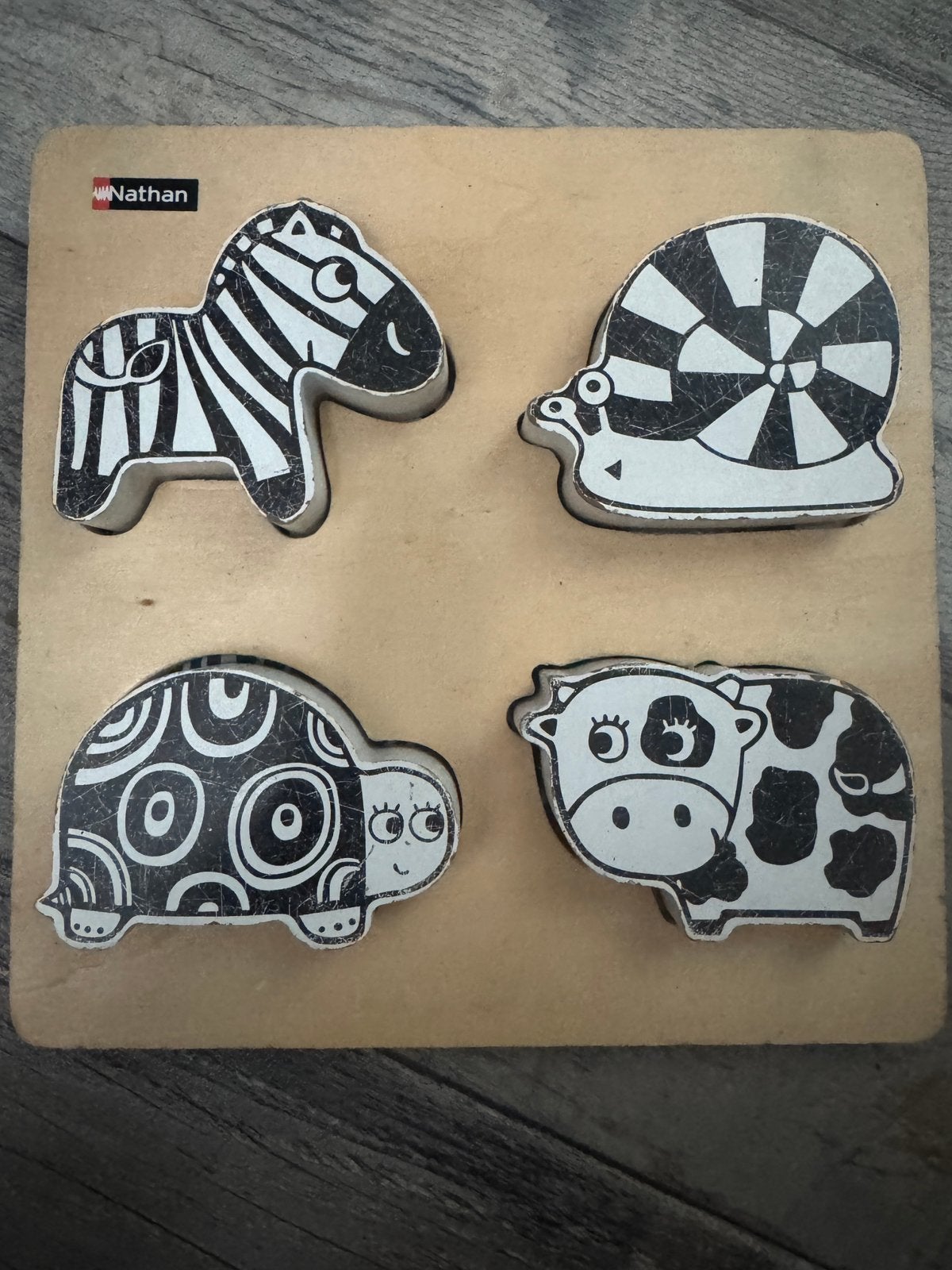 Nathan 4 houten stukken dieren puzzel Zwart-Wit, Ophalen, Gebruikt, Van hout, Minder dan 10 stukjes